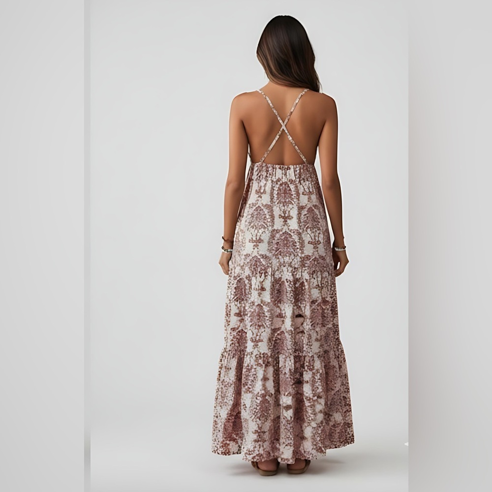Boho Floral Print Sleeveless Cross-Front Maxi Dress Rust - Picture 3 of 9